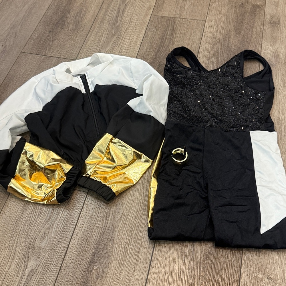 MC Weissman Black, White, Gold jumpsuit, jacket, and pony tail holder 14753